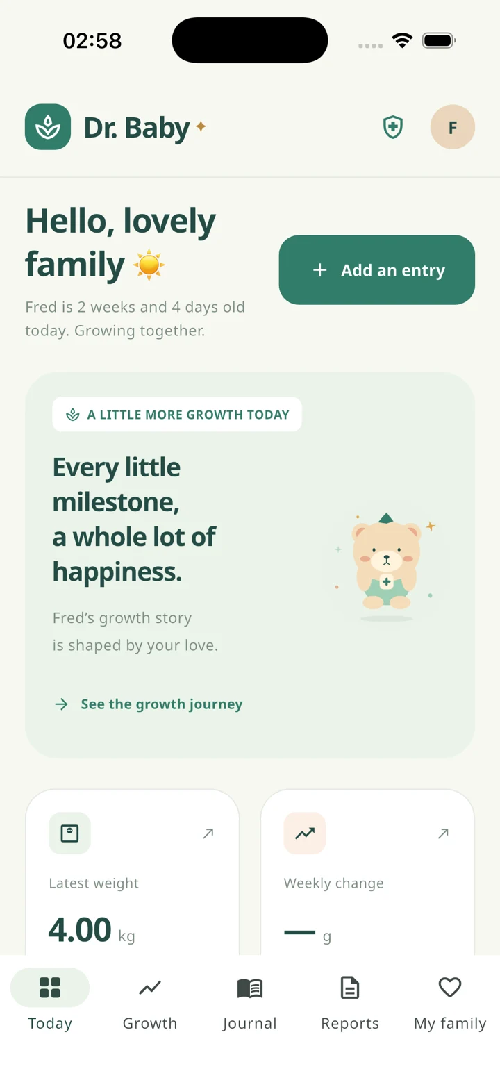 Dr. Baby app preview showing the Today dashboard and growth journey