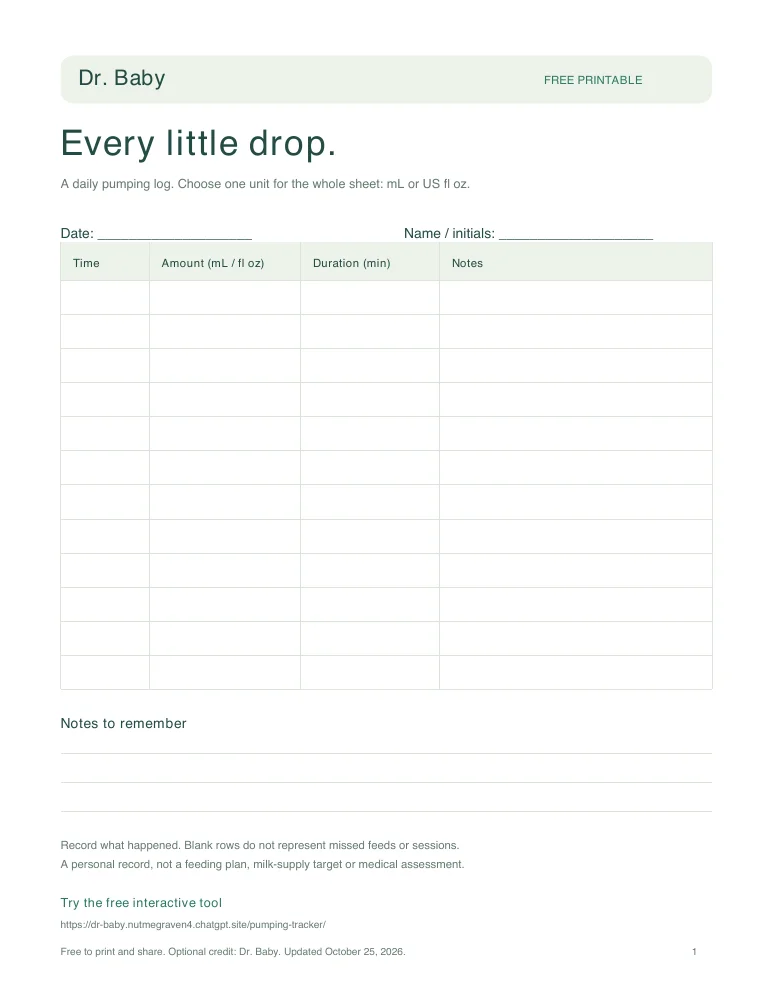 Blank Dr. Baby pumping log with time, amount, duration and notes columns